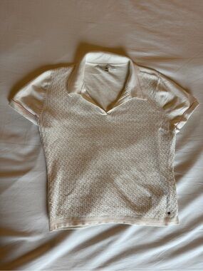 Tommy Hilfiger White Knit Polo Crop Top with Subtle Pink Trim